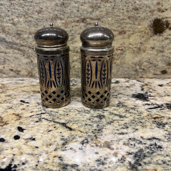 Cobalt Blue Glass Salt & Pepper Shakers in Silver-plated Reticulated Jackets - Picture 1 of 5